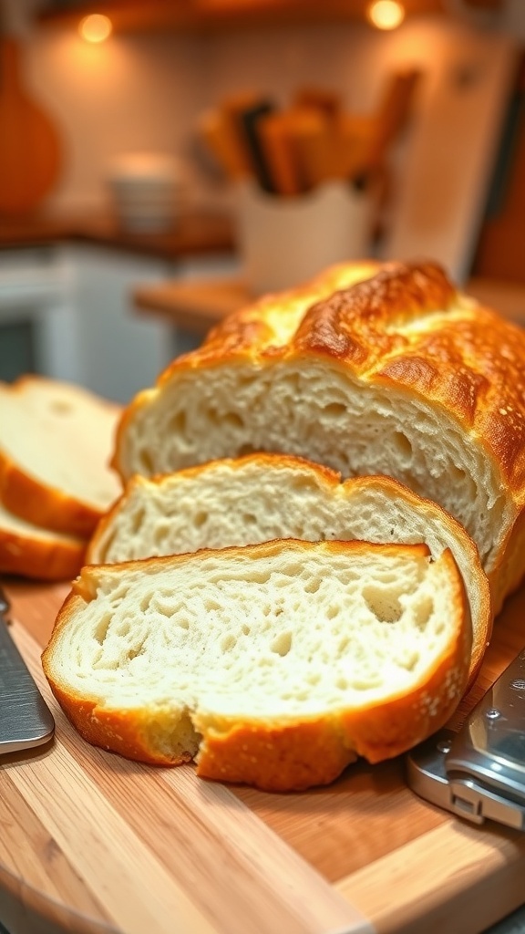Gluten-Free Bread Machine Recipe Freshly baked gluten-free bread loaf sliced on a wooden board with a knife.
